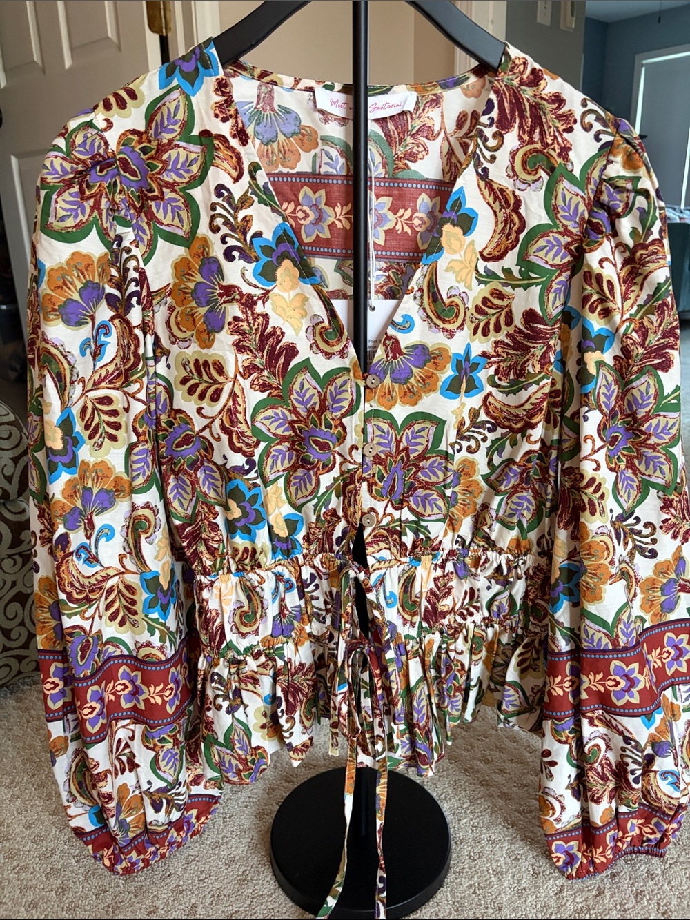 Boho Floral Drawstring Peplum Blouse - Cream Multi